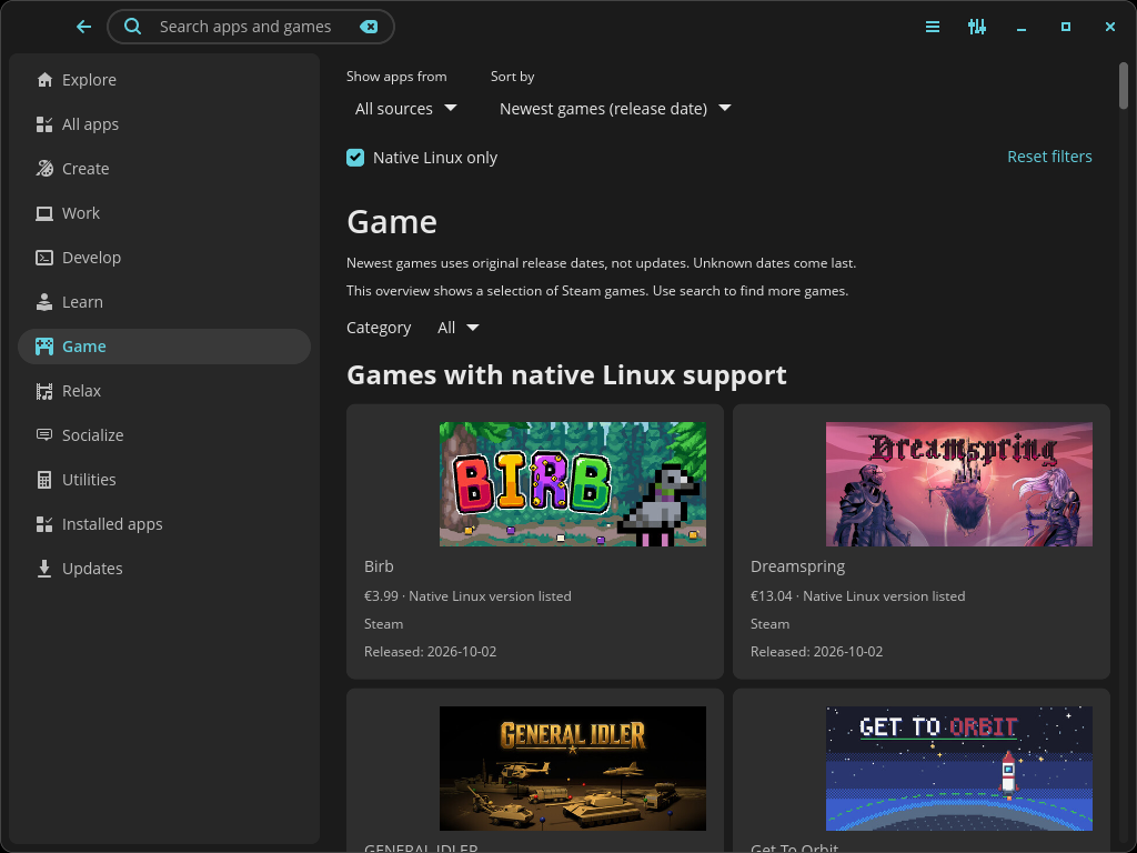 Kompas game discovery page with game artwork and browsing controls